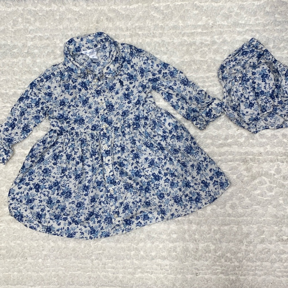Ralph Lauren Blue Floral Long Sleeve Dress w/ Matching Bloomers. 12 month.